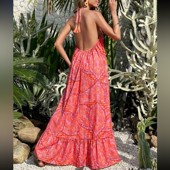 Dresses & Skirts - Boho Floral Paisley Print Hi Low Hem Backless Open Back Halter Maxi Dress